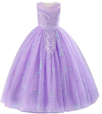 IDOPIP Enfant Fille Les Sequins Broderie Tulle Longue Robe Demoiselle d'honneur Fille Fleur Mariage La Fête Bal Officiel Soirée Anniversaire