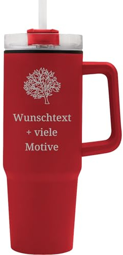 Geschenkissimo Henkelbecher personalisierbar mit Name, Spruch, Motiv - Farbe Rot, 900 ml groß XXL Becher mit Henkel und Deckel, ideal für Kinder & Erwachsene, mit Strohhalm Geschenkidee