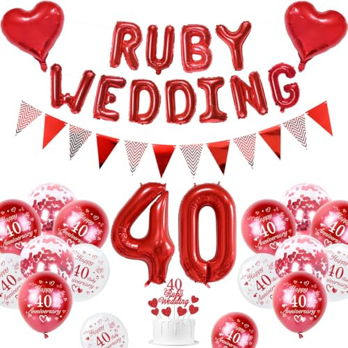 Rubin Hochzeit Deko, 40 Hochzeitstag Dekorationen 40 Rubin Hochzeit Luftballons Happy 40th Anniversary Luftballons Metallische Rot Weiße Luftballons Banner 40 Ruby Wedding Tortenaufsatz