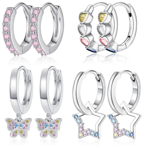 Örhängen flicka silver, rosa/blått hjärta stjärna fjäril små kreoler örhängen set, zirkonia hängande örhängen flickor, kreoler barn silver, allergivänliga sova brosk örhängen för barn, S, Rostfritt