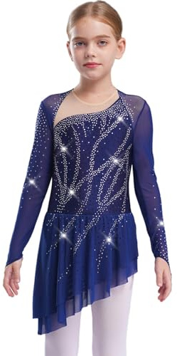 Rswnyirn Flicka långärmad dansklänning glitter rullsko klänning konståkning klänning barn balett lyriska dans kläder, Marinblå, 134-140
