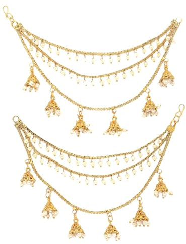 Sukkhi Traditionella klassiska 18k guldpläterade örhängen med mässing och flerskiktade Jhumka/Jhumki dubbade pärlor för kvinnor och flickor | Lång Bahubali-inspirerad kedja, Onesize, Legering, Ingen