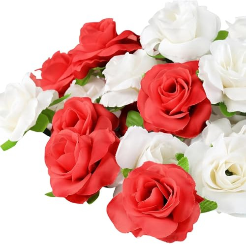 LNSYSNS 40 Stück Künstliche Rosen, Realistische Kunstblumen Köpfe, Rote und Weiße Künstliche Blumen Deko, Durchmesser 4 cm Kunstblumen zum Basteln Seidenblumen, für Hochzeit, Geburtstag, Party