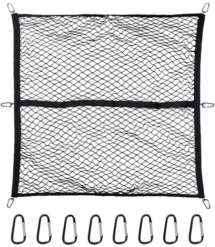Hochelastisches Gepäcknetz Auto 120x120cm bis 210x210cm - Ladungssicherungsnetz mit 8 Stahlkarabinern für Kofferraum Netz - Robustes Kofferraumnetz Auto für SUV, Transporter,Wohnmobile Bett Organizer