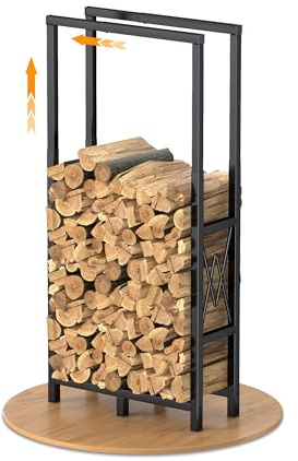 HFHOME Kaminholzregal Höhen- und Längen Verstellbar für Innen & Außen, Metall Brennholzregal für Brennholz Aufbewahrung mit Rutschfester Matte, Holzregal Max. 75 x 25 x 170cm