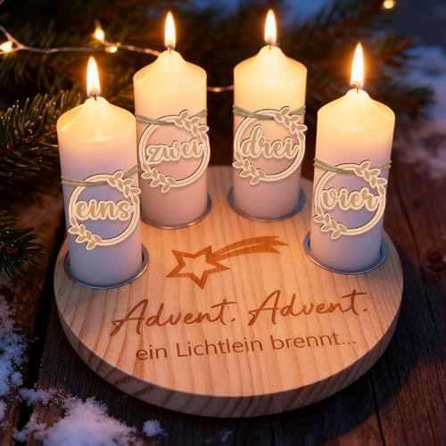 Kerzenhalter Adventskranz Holz, Adventskranz Modern Adventszahlen 1-4, Advent Kerzenhalter Aluminium 41mm, Weihnachtskranz Tischdeko mit LED(Ohne Kerzen und Dekorationen)
