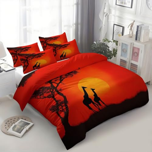 Generisch Bettwäsche 135x200 cm Afrika Sonnenuntergang Tiere Giraffe Rot 3D Bedruckte Bettbezug Einfache Pflege 3-Teiliges Bettwäsche Set Polyester Baumwolle mit Reißverschluss und 2 Kissenbezug