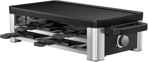 WMF Lono Selection Raclette Grill 8 Personen – Hochwertiger Cromargan Edelstahl, 1500W Leistung, keramikbeschichtete Grillplatte, 8 Pfännchen und Spatel, Temperaturregelung und Ablage