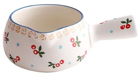 TOYANDONA Ceramic Non-Stick Milk Pot with Handle Japanese Style Strawberry Butter Warmer Saucepan for Food Sauces Milk Easy Clean Cooking Pan with Flat Base and Heat Distribution Cherry