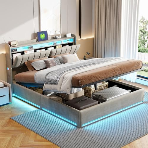TIMORWTF Letto con Cassetti 140x190 con LED e USB, Letto Matrimoniale con Spazio di Archiviazione e Testiera, Letto Imbottito con Sommier a Doghe, Letto per 2 Persone, Struttura Letto 140x190, Velluto