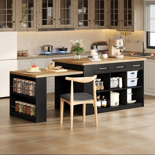 Huayz Isola da cucina multifunzione con 150 cm + 96 cm, tavolo da pranzo allungabile nero, con venature del legno, piano di lavoro in legno marmorizzato, armadietti integrati, per cucine familiari