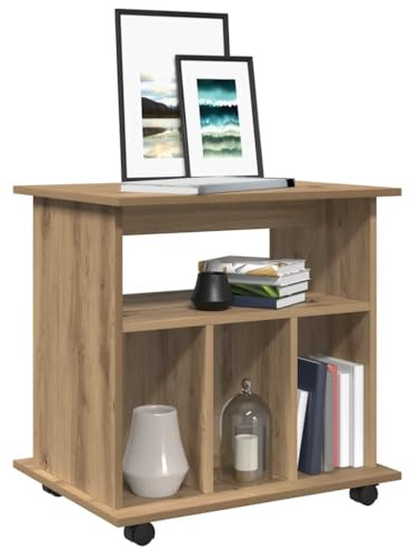 Mokuyary rullbehållare Artisan-ek 60 x 45 x 60 cm trämaterial, rullskåp med hyllor, mobilt arkivskåp med rullar, kontorsbehållare sidobord för vardagsrum, kontor