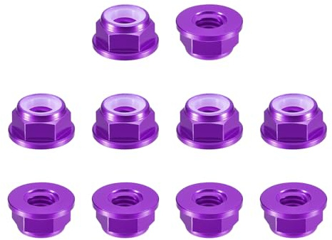 QUARKZMAN Dadi Esagonali Autobloccanti Con Inserti In Nylon, 10Pezzi - M6 X 1mm Dado Autobloccante In Lega Di Alluminio, Dado A Flangia Anodizzato Per Fissaggi (Viola)