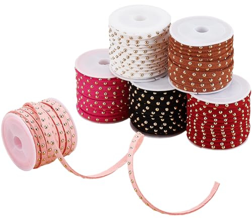CABODYALS 6 rollo de Cordón Plano de Gamuza Sintética de 6 m Y 30mm con Remaches Dorados, Cordón de Cuero con Tachuelas, Estilo Punk Rock, Cinta de Encaje para Abalorios, para Hacer Joyas, Manualidade
