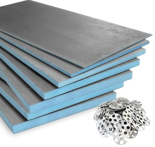 5X Tile Backer Board Insulation XPS Foam Waterproof Cement Coat + 75 Washers 1200x600mm Underfloor Heating Underlay (1200x600x6mm)