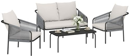 Outsunny Gartenmöbel Set 4-teilig Polyrattan Lounge-Set Zweisitzer Khaki | 2 Sessel, Couchtisch, Abnehmbare Kissen mit Bindebändern, Stahlrahmen, Balkonmöbel für 4 Personen
