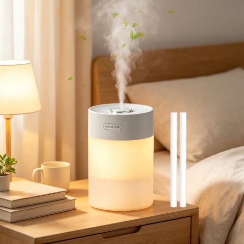 Humidifier for Bedroom - 600ML Air Humidifier with Night Light, Portable USB Plug in Humidifiers with 2 Cotton Filters, Small Humidifiers Quiet Operation for Baby Room, Home, Office & Plants, White