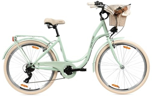 Goetze Mood 26 Zoll Damenfahrrad, Retro City Bike, 6-Gang mit Korb | Tiefeinsteiger mit Korb, LED-Licht und Shimano Tourney Schaltung für Alltag, Stadt und Freizeit