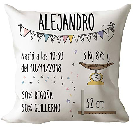 AR Regalos Cojín de Nacimiento Personalizado para Bebé Guirnalda - Personalizable con los Datos de su Nacimiento - Regalos Originales para Bebés Recién Nacidos