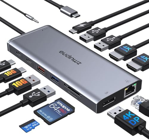 USB C Docking Station, Laptop Docking Station Dual Monitor 2 HDMI + DP | 10Gbps USB C Data, 10Gbps USB 3.1, Dual 4k HDMI, Displayport, Ethernet, PD, 3 USB, SD/TF, Audio, USBC Dock for Dell/HP/Lenovo