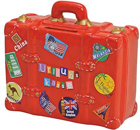 Spetebo Spardose in Reisekoffer Optik rot - 14x13 cm - Sparbüchse Urlaubskasse Reisekasse Geschenkidee