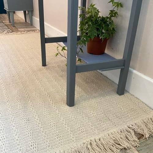 Second Nature Online - TARKARLI Small Cotton Rug | Ivory Cream | Textured Blanket Style Indian Mat with Fringes | Hand Woven | Eco-Friendly (Rectangular: 70x115 cm)