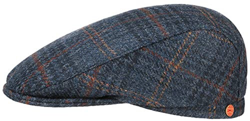 Mayser Frankie Soft Shetland Woll Flatcap Schirmmütze Kariert Handmade Made in EU Herren Winter dunkelblau 56 cm