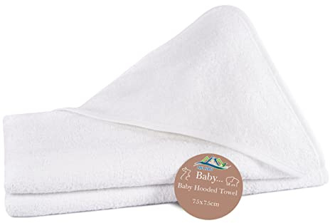Vanlig vit babyhandduk med huva för nyfödda 75 cm x 75 cm mycket slitstark babyhandduk med huva 100 % bomull babygåva (paket med en vit handduk)