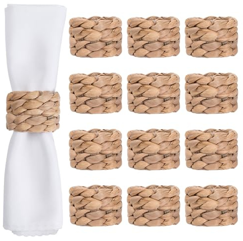 WOHIWO Serviettenringe 12er Set, Bauernhaus Serviettenringe handgefertigt aus natürlicher Wasserhyazinthe, gewebte Serviettenringe für Weihnachten, Party, Hochzeit, Zubehör für Abendessen