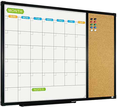 JILoffice Magnetic Calendar Whiteboard & Bulletin Corkboard Combination, Combo Board 28 x 20 Inch, Black Aluminum Frame Wall Mounted Board for Office Home and School with 10 Push Pins