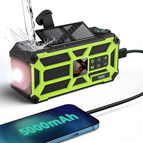 Raddy SW5 Radio Dinamo con Ricarica Manuale Powerbank da 5000mAh Radio Impermeabile IPX5 AM/FM Portatile di Emergenza ad Solare con Bussola, Torcia, Allarme SOS per Campeggio ed Escursioni