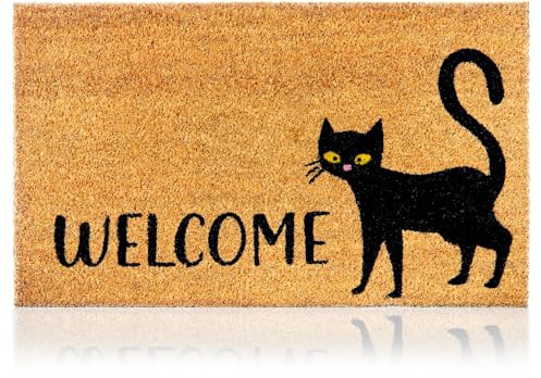 AMARU DOOR MATS - Fußmatte Kokos Außen und Innen, Schwarze Katze, 70x40 cm | 100% Kokosfaser Natur, Robust, Fusselarm, Rutschfeste Unterseite, Nimmt Feuchtigkeit auf, Schmutzfangmatte Eingang, Haustür