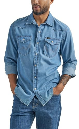 Wrangler Men's Iconic Denim Regular Fit Snap Shirt Button, Lake Wash, Medium