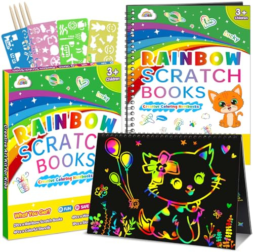 ZMLM Kratzpapier Scratch Art Set, 2 Pcs Regenbogen Kratzbilder für Kinder Aktivität Färbung Handwerk Zeichnung Supplies Kits Geburtstagsgeschenk Party Weihnachtsspielzeug