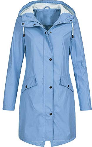 Cocila Ladies Windproof Rain Jacket Women's Windproof Long Rain Jacket Outdoor Hoodie Overcoat Solid Coat Women's Coat Casual Women Jacket (Sky Blue, L)