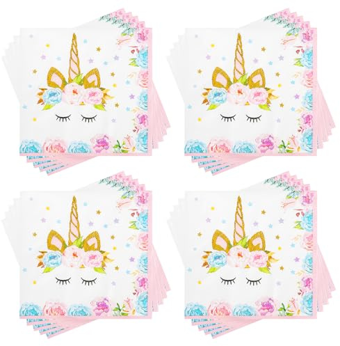 60Pcs Serviettes Licorne Rose, Serviettes Cocktail Serviettes Jetable décorations d'anniversaire licorne pour Fille Anniversaire De Mariage Dîner Déjeuner Fête Baby Shower, 33x33cm