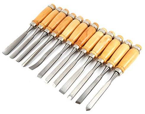 Set di Scalpelli a Mano per Intaglio del Legno, 12 Pezzi di Sgorbie per Tornio Professionali per la Lavorazione del Legno con Manici in Legno Lucidato di e Lame in