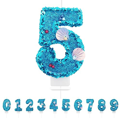 Geburtstagskerzen Zahlen 5,3D Meerjungfrau Geburtstagskerzen,Blau Geburtstag Kerzen 5, Kuchen Topper Dekoration Kuchendeko Geburtstag, Geburtstagskerzen für Geburtstagsdeko
