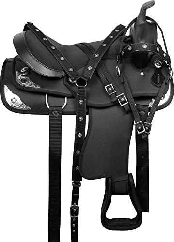 Hochwertiger synthetischer Western-Pferdesattel, 25,4 bis 45,7 cm, bequemer Pferdesattel mit Zaumzeug, Halfter, Brustkragen, Zügel und Größen (schwarz, 33 cm Sitz)