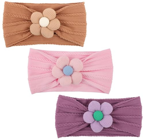 DRESHOW 3 Paket Blomsterpanneband i Nylon för Flickor Handgjorda Hårtillbehör för Nyfödda och Små Barn