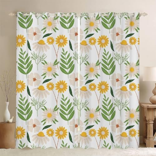 Green Leaves Window Curtain Thermal Insulated Eyelet Curtains Super Soft Long Curtains Yellow Chrysanthemum Black Out Curtains Uk for Bedroom and Living Room 90X108(W X L) 2 Panels Drapes