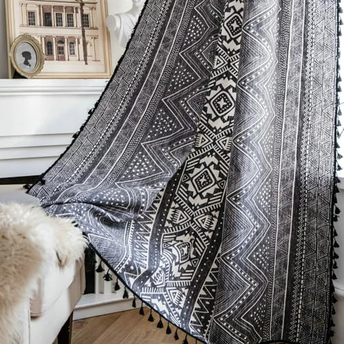 Bishilin Vorhänge mit Haken 2er Set, Gardinen Halbtransparent Schwarz Boho Bedruckt mit Geometrie Motiv Wohnzimmer Gardinen und Vorhänge Fenster 150x180CM