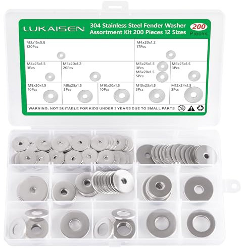 Rondelles Metal, 200 Pièces Rondelle Inox, rondelles plates et rondelles de sécurité Acier Inoxydable 304, Penny Rondelles, Joint Plat pour Vis et Boulons - M3 M4 M5 M6 M8 M10 M12