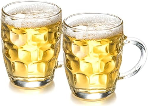 QCKNKMGG Personalised Glass Beer tankard Thickened Glass Beer Mug Round Beer Glasses 560ML Large Dimpled Glass Tankards with Handle Set of 2 Beer Stein