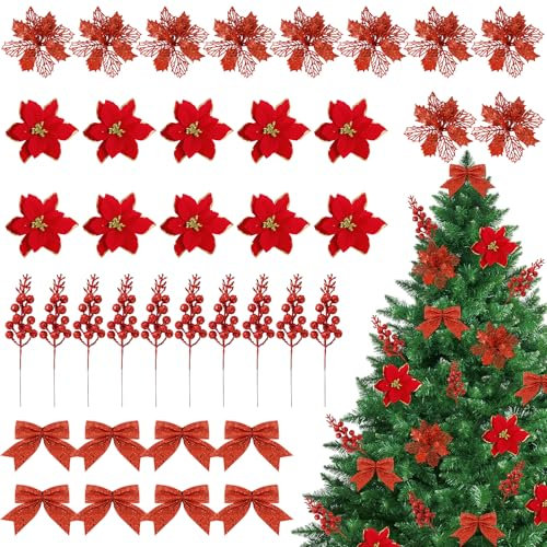 30pcs Fleurs de Noël Fleur Artificielle Poinsettia Glitter avec Tiges de Baies et 8pcs Noeuds à Paillettes de Noël Décoration Sapin de Noël Ornements Suspendue Scintillante pour Fête Noël Nouvel An