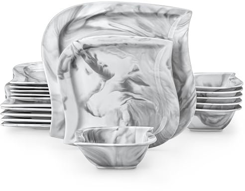 MALACASA Elvira Series Plates and Bowls Set, 18-Piece Marble Grey Porcelain Dinner Set Leaf Shaped Dinnerware Set for 6 People, Ceramic Crockery Set, Elegant Dinner Service, Microwave Dishwasher Safe