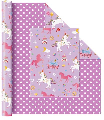 WERNNSAI 2 Rollen Einhorn Geschenkpapier 20m x 43cm Wendbar | Einhorn Geburtstagsparty Dekoration, Regenbogen Geschenkverpackung für Mädchen Kinder