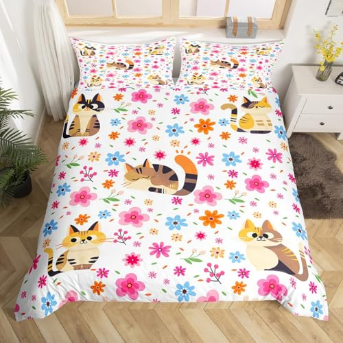Homewish Kawaii Cat Kitten Double Duvet Cover Girly Floral Bedding Set for Child, Blue Pink Flower Bed Set Rainbow Polka Dots Reversible Comforter Cover, Animal Pet Theme Bedspread Cover