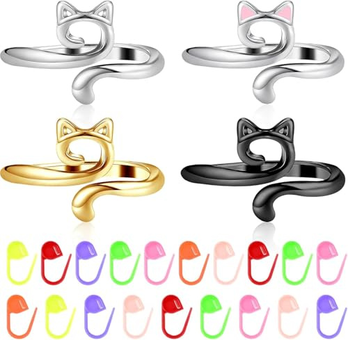 Fenglin-joy Anelli all'Uncinetto Modello Gatto, 4 Pezzi anelli regolabili all'uncinetto anelli con 20 pezzi marcatori punto maglia per gli amanti dell'uncinetto