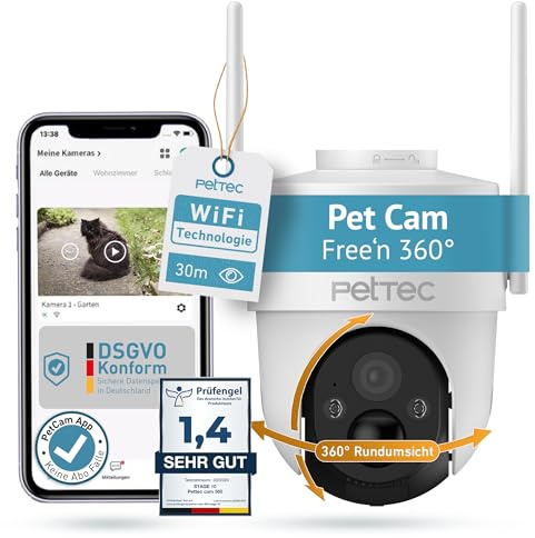 PetTec - Pet Cam Free'n 360 Telecamera di sorveglianza Wi-Fi/WLAN 2,4 GHz con batteria e funzione Pan&Tilt [Senza trappola] - Fotocamera esterna con 3 MP, rilevamento del movimento e visione notturna
